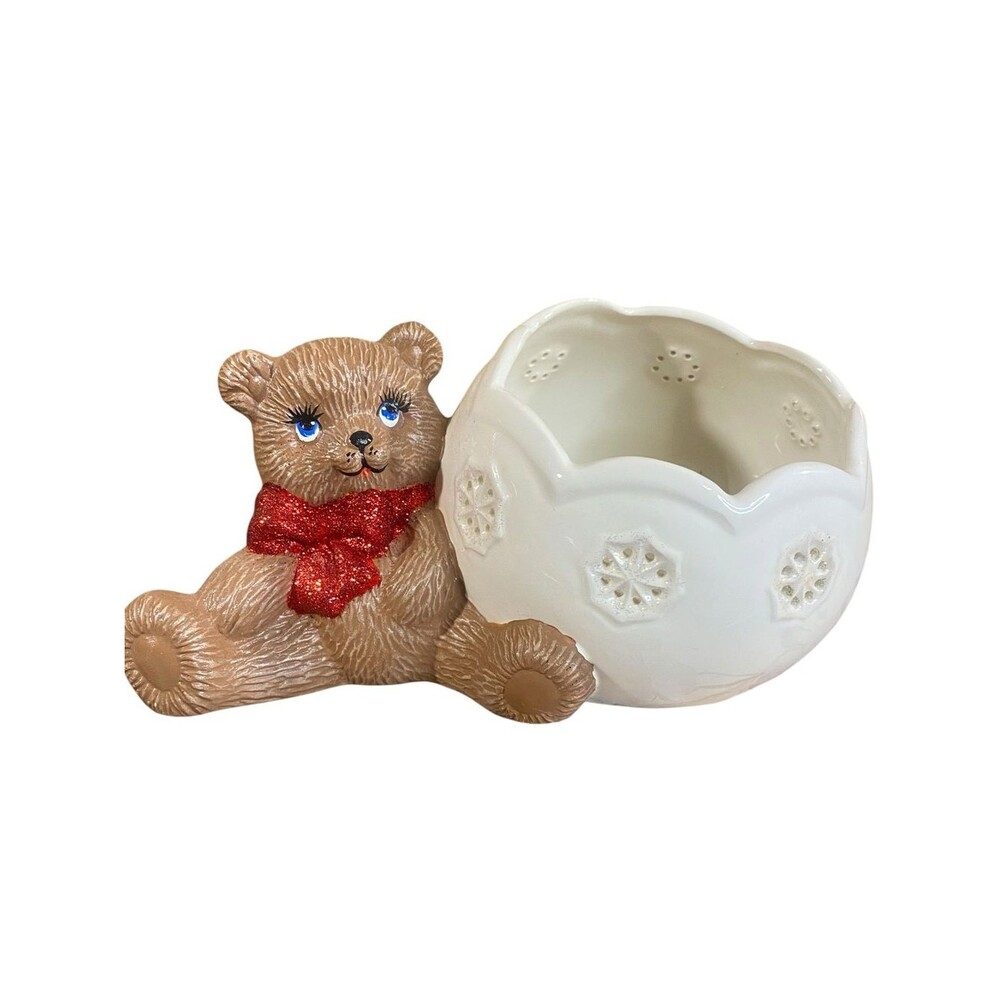 Ceramic Brown Christmas Bear Planter Candle Holder White Snowflake Bowl Vtg